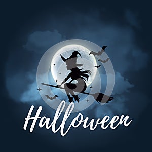 Witch flying over the moon. Vector illustration. EPS 10.