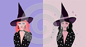 Witch girl fashion illustration. Halloween background.