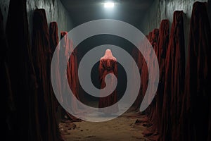 witch girl performs a ritual in the corridor in red clothes generative ai