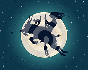 Witch and a goat flying over the moon in the night sky. Sorceress with a broomstick in vintage style. Mythical Magic