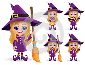 Witch halloween character vector set. Female cute witch characters happy standing.