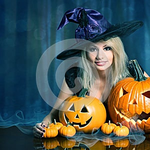 Witch with Halloween Pumpkins