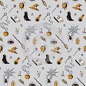 Witch Haloween october design, seamless pattern, baby vector background.  Hand-drawn  witch tools: broom, magic ball, shoes,