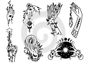 Hand drawn witch hands set for design element.  Vector illustration