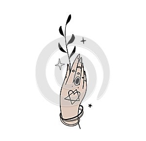 Witch hand with plant, magical tattoo in boho design, witchcraft for Halloween. Magic hand drawing, female palm sketch, vector