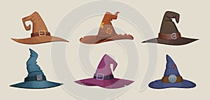 Witch hat. Black female cap scary symbols for halloween party vector clothes collection