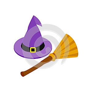 Witch hat and broom isometric 3d icon