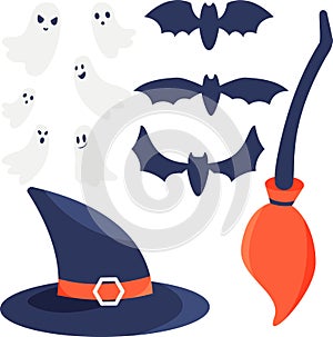 A witch hat with buckle, bats, ghosts, witch`s broom set isolated on white background