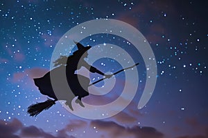 Witch in hat flies on broomstick against starry sky at night