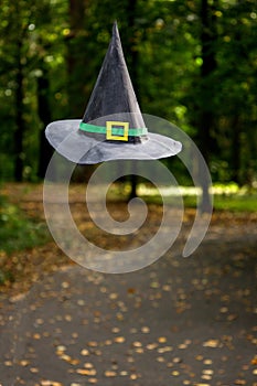 Witch hat is floating in the air on a fall forest background