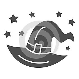 Witch hat solid icon, Halloween concept, evil costume sign on white background, Halloween wizard hat with stars icon in