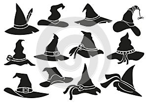 Witch hat stencil icons. Halloween sorceress cap, wizard hat silhouette and spooky scary masquerade hats vector set