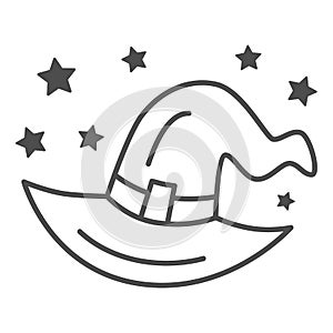 Witch hat thin line icon, Halloween concept, evil costume sign on white background, Halloween wizard hat with stars icon