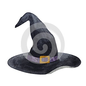 Witch hat with violet belt, gold plaque. Halloween traditional scary wizard decoration. Cartoon clipart. Hand drawn