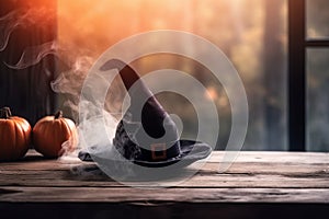 Witch hat on wooden tabl with copy space photo