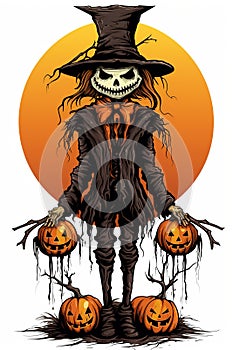 Witch, Haunted House, Pumpkins, Bats. Halloween Holiday Design. Scary pumpkin head. Generative Ai