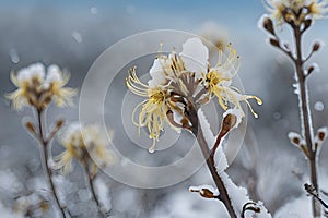 Witch-hazel flower blooms in a peaceful snowy wildflower field. photo