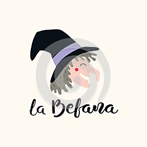 Witch head illustration, la Befana lettering