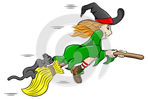 Witch and her cat flying on a broom