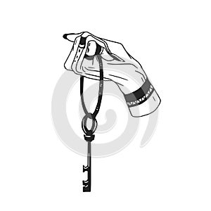 Witch holding big key from secret doors. Mysterious monochrome element. Black and white hand drawn vector illustration