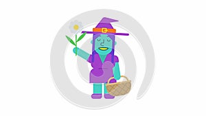 Witch holding flower holding basket and smiles. Alpha channel