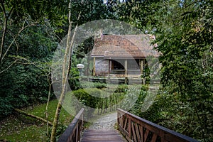 Witch house at Hensel and Gretel Trail Trilha Joao e Maria of Bosque Alemao German Forest Park - Curitiba, Parana, Brazil