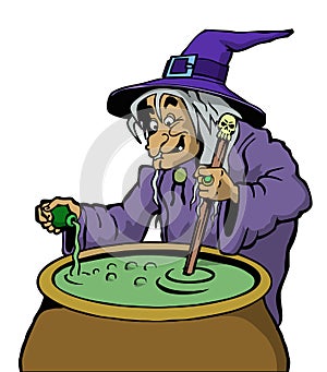 witch illustration  stirring boiling brew in a large pot