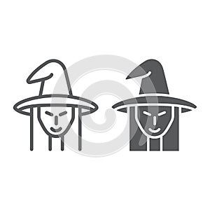 Witch line and glyph icon, witchcraft and halloween, witch face sign, vector graphics, a linear pattern on a white