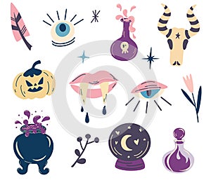 Witch magic design collection. Set of elements for Halloween. Party invitation.