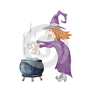 Witch with magic pot. Halloween illustration.