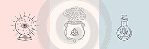 Witch and magic symbols with crystal ball, magic crystal bottle, cauldron. Monochrome vector illustration, isolated on