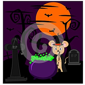 A witch mouse brews a potion in a cauldron in a cemetery on a full moon
