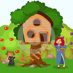 Witch near home at tree, black cat character vector illustration. Spooky halloween scene, woman in hat near cartoon