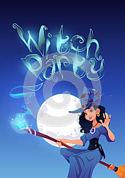 Witch party poster with woman flying on broom
