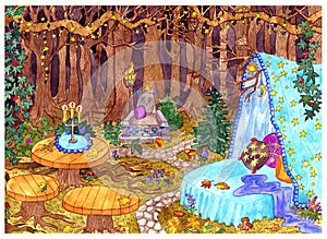 The Witch place. Mystic scene with bed, tables and throne in fable forest with trees and lanterns