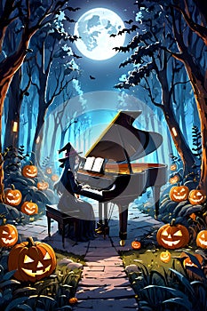 A witch playing piano in a whinsical forest, at a moonlit night, scary pumpkins arounds, jungle, music instrumental, cartoon