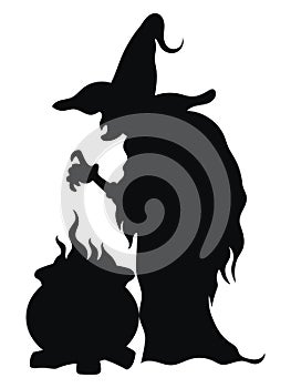 Witch preparing a magic potion. Black silhouette of a witch near a cauldron. Vector illustration of a mystical creature