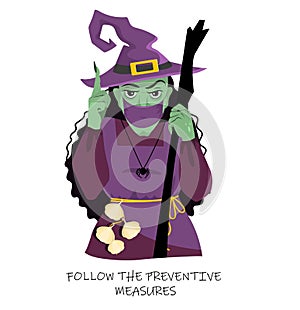A witch in a protective mask warns about precautions against viruses during the Halloween holiday.