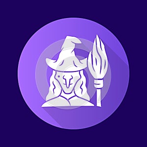 Witch purple flat design long shadow glyph icon. Wicked sorceress, hag with broomstick. Halloween costume. Evil old
