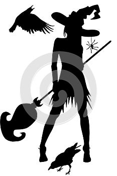 Witch with ravens and other Halloween elements