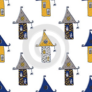 A witch s abandoned haunted house. Happy Halloween. Seamless pattern. Vector