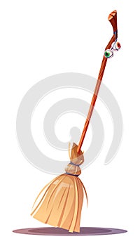 Witch's broom on an isolated background. Witch flying and cleaning tool.Cartoon vector illustration.