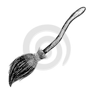 Witch`s broom sketch black outline isolated on white background, vector illustration for design and decor, graphic