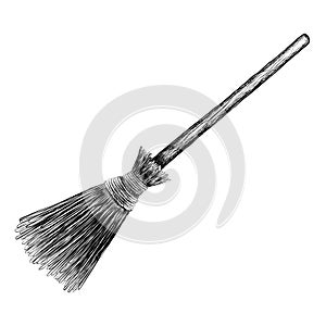 Witch`s broom sketch black outline isolated on white background, vector illustration for design and decor, graphic