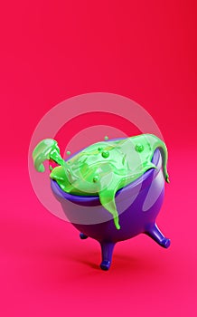 Witch`s cauldron with green liquid, 3d render. Witch`s brew, green slime flows out of the cauldron, 3d illustration.