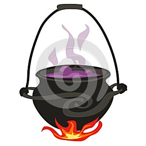 A witch's cauldron in a modern hand-painted style. An antique cauldron with a purple potion hangs over the fire