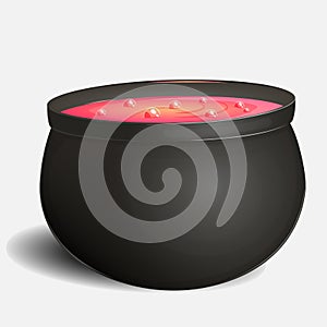Witch s cauldron with pink potion for Halloween isolated on white background in cartoon style. Vector illustration
