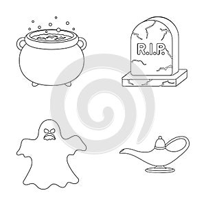 A witch`s cauldron, a tombstone, a ghost, a gin lamp.Black and white magic set collection icons in outline style vector