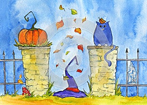 Witch\'s hat, pumpkin, big cat, autumn, or fall, leaves falling on hat, cobwebs, candle, gates. Entrance. Blue sky