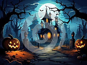 A witch\'s house in a scary gloomy dark forest with trees and Halloween pumpkins, against the background of the night sky